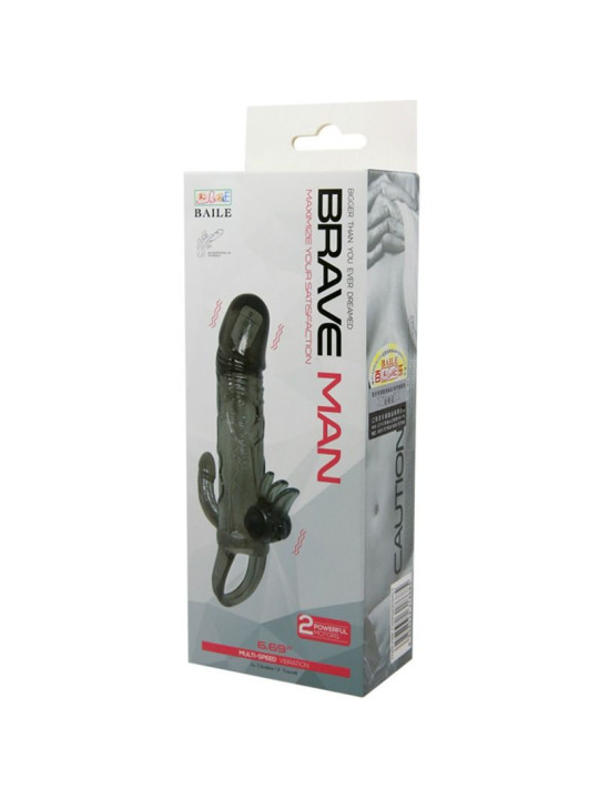 BAILE - CAPA PARA PÉNIS BRAVE MAN COM ESTIMULAÇÃO CLITÓRICA E ANAL DUPLA BALA PRETA 16.5 CM